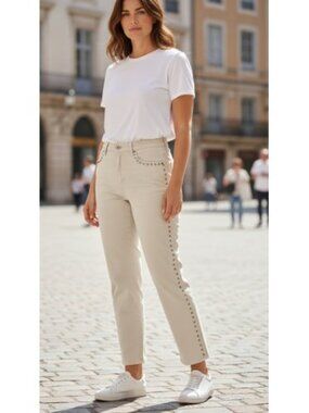 JEANOLOGY White Cropped Beaded Bootcut Denim Jeans Ladies Size 18